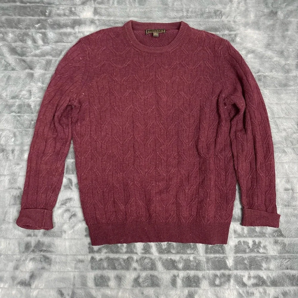 Jos A Bank Reserve Mens Medium Burgundy Wool Blend Cable Knit Crewneck Sweater